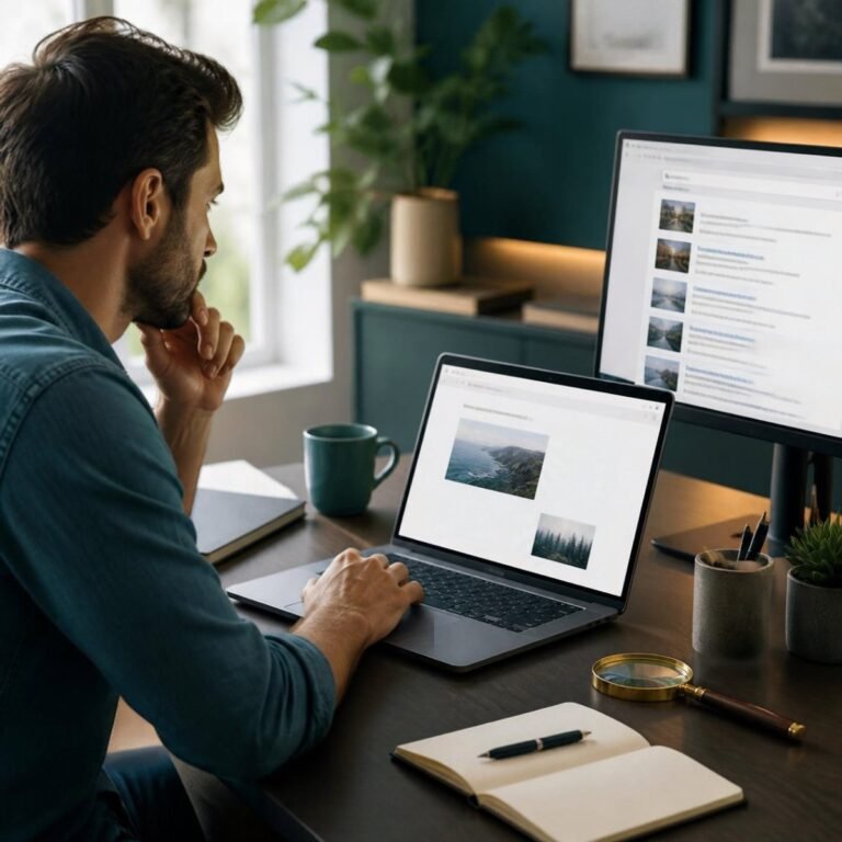 Man at a desk reviewing an article draft and search results on two screens