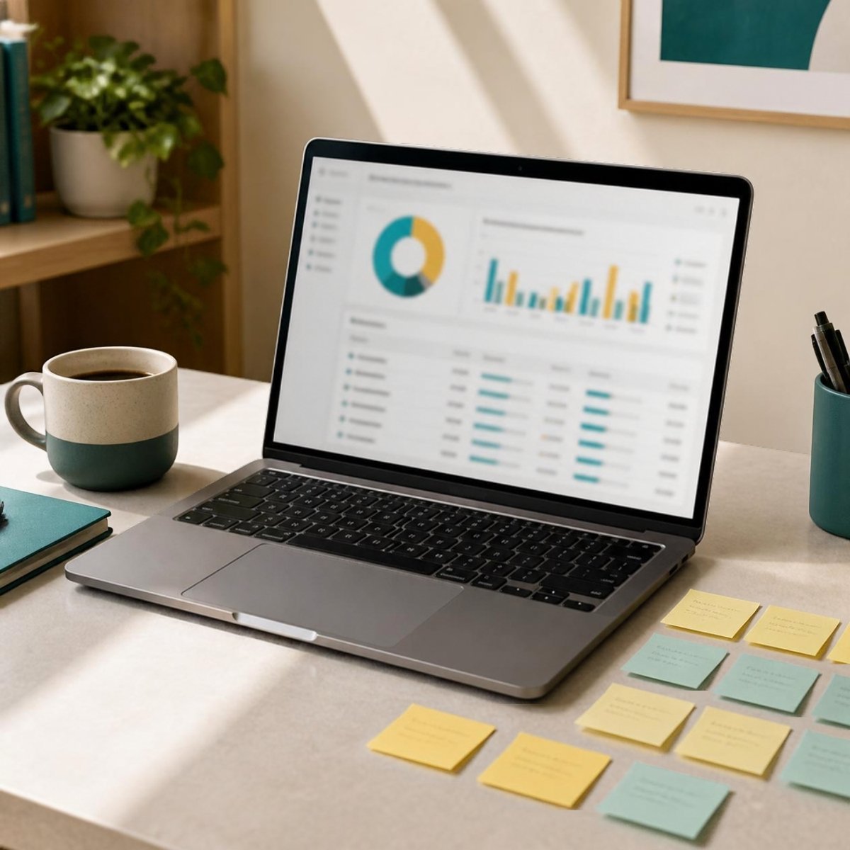 Laptop showing keyword research charts with sticky notes grouped into topic clusters