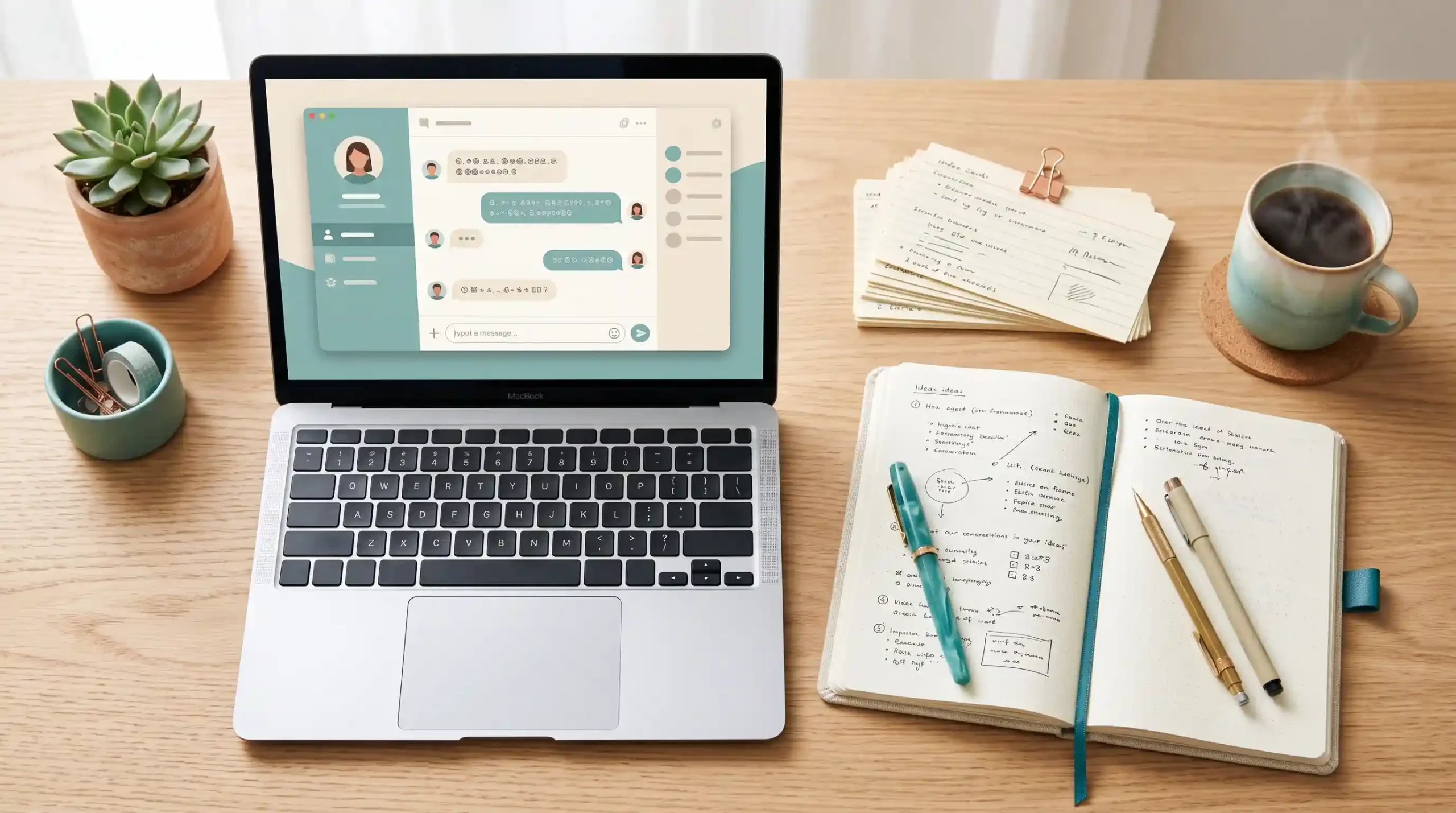 Top-down view of a blogger desk with a laptop chat assistant, notebook and index cards