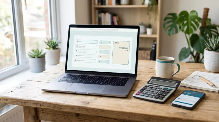 Laptop showing an online calculator page next to a desk calculator and smartphone