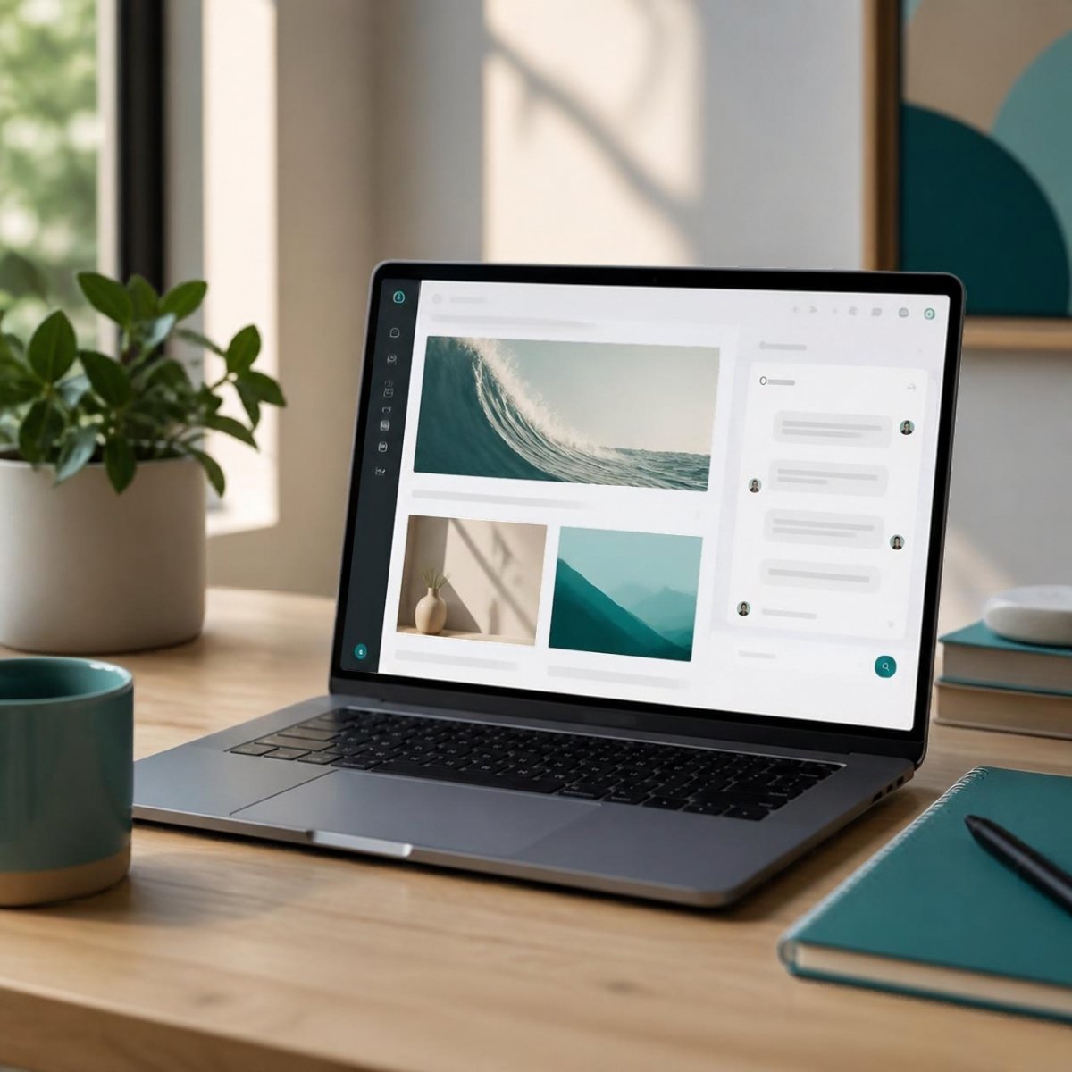 Laptop on a desk showing a website being built with an AI assistant chat panel