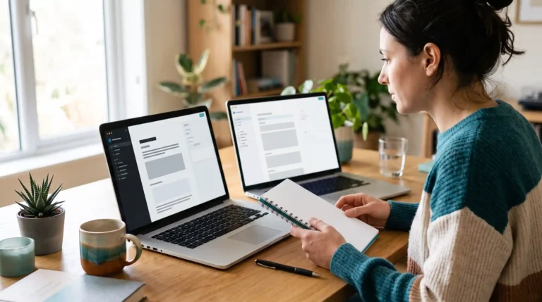 Two laptops side by side showing different writing apps being compared