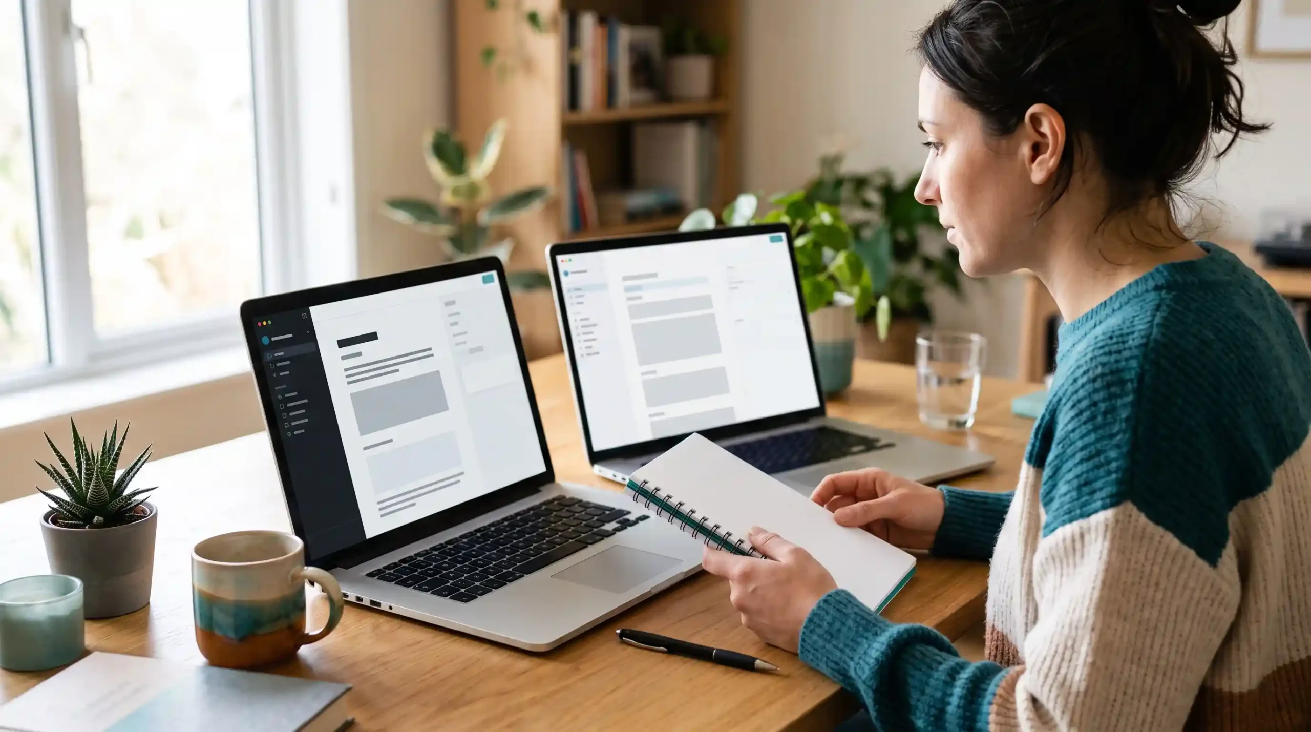 Two laptops side by side showing different writing apps being compared
