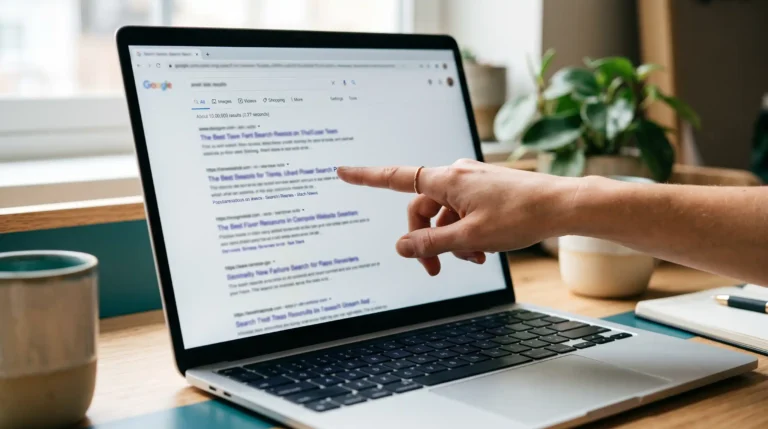 Hand pointing at a search result title and description on a laptop screen