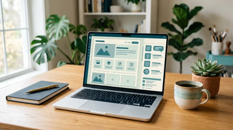Laptop showing a WordPress-style block editor with an AI assistant side panel