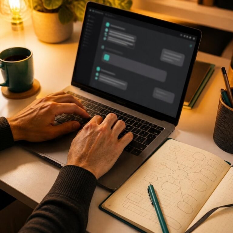 Hands typing a prompt into an AI chat on a laptop next to a notebook of ideas