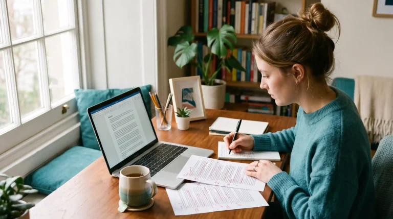 Blogger writing an article draft on a laptop with edited printed pages on the desk